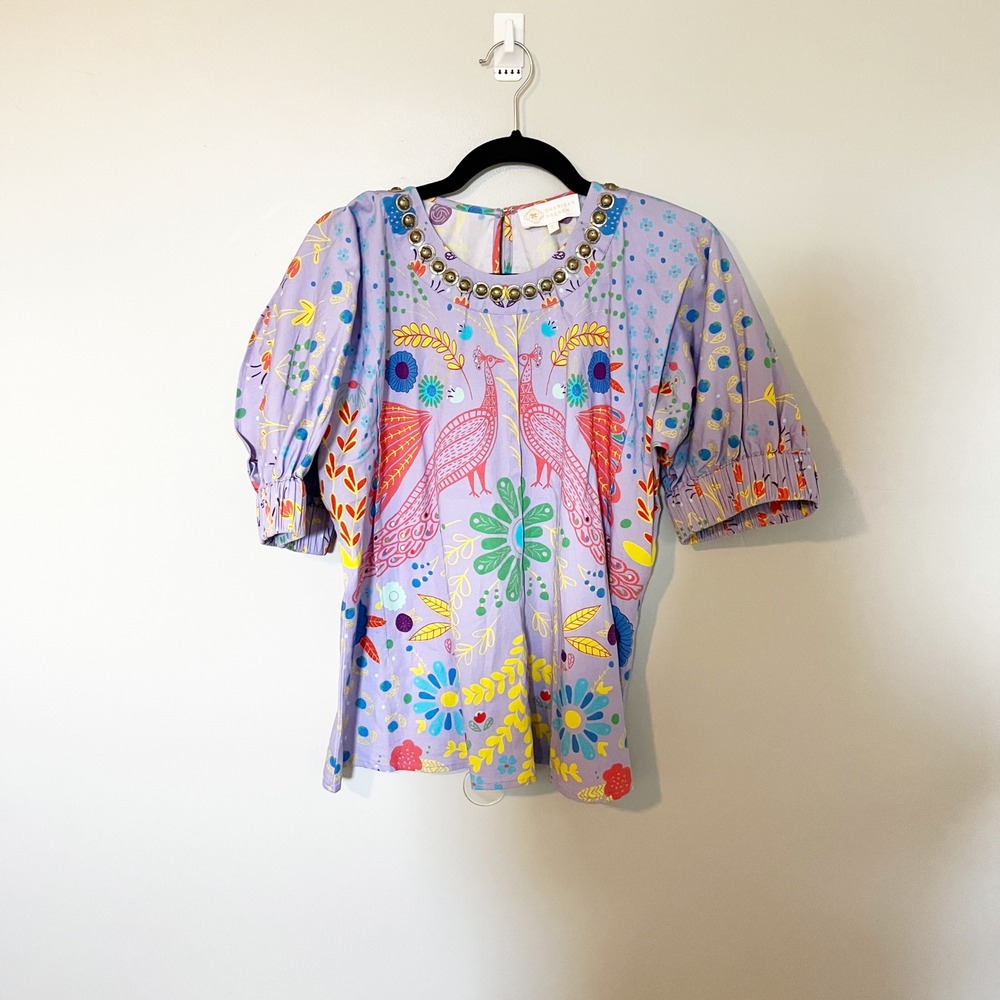 Sheridan French Lavender Peacock Floral Embellished Neck Puff Sleeve Top L‎